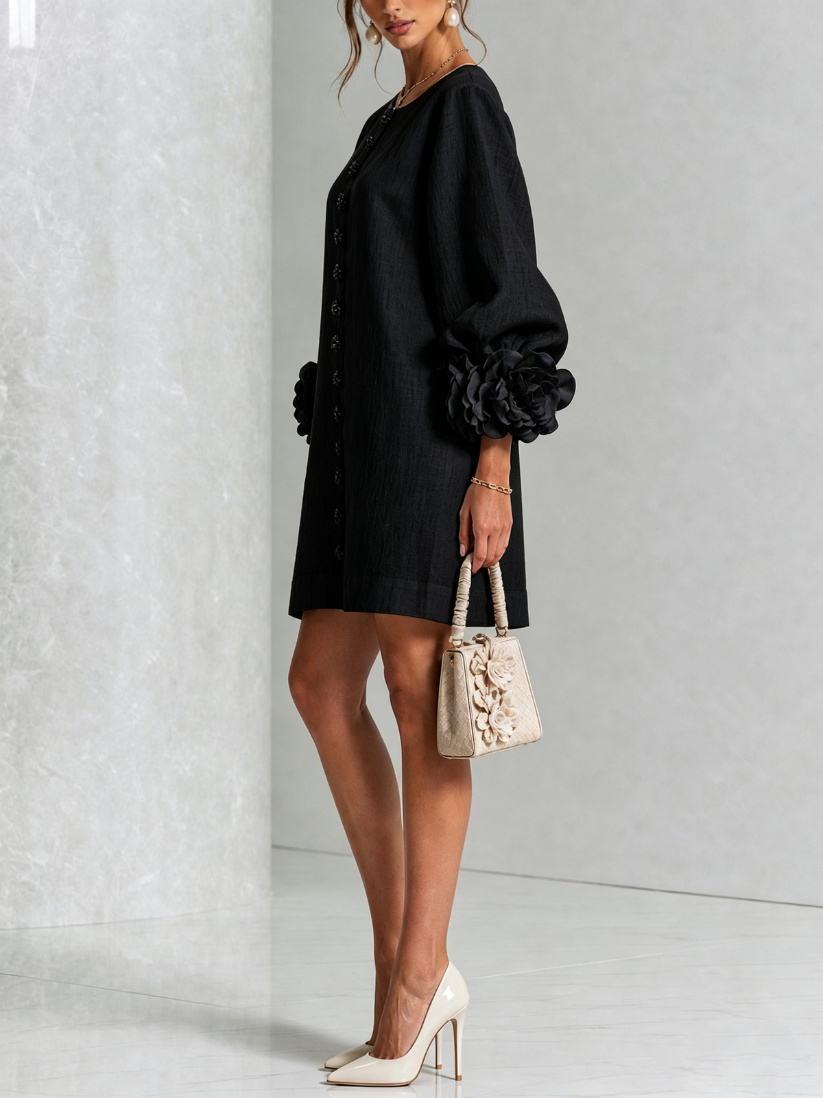 CECILIA | Vestido Mini en Mezcla de Lino con Puños Anudados en Rosa, Negro