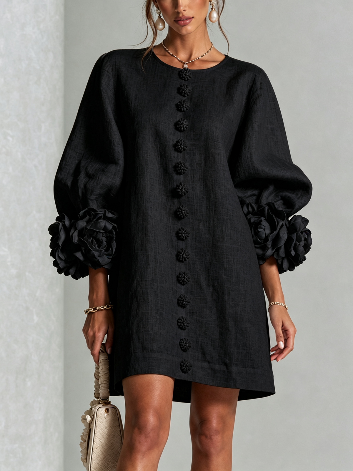 CECILIA | Vestido Mini en Mezcla de Lino con Puños Anudados en Rosa, Negro