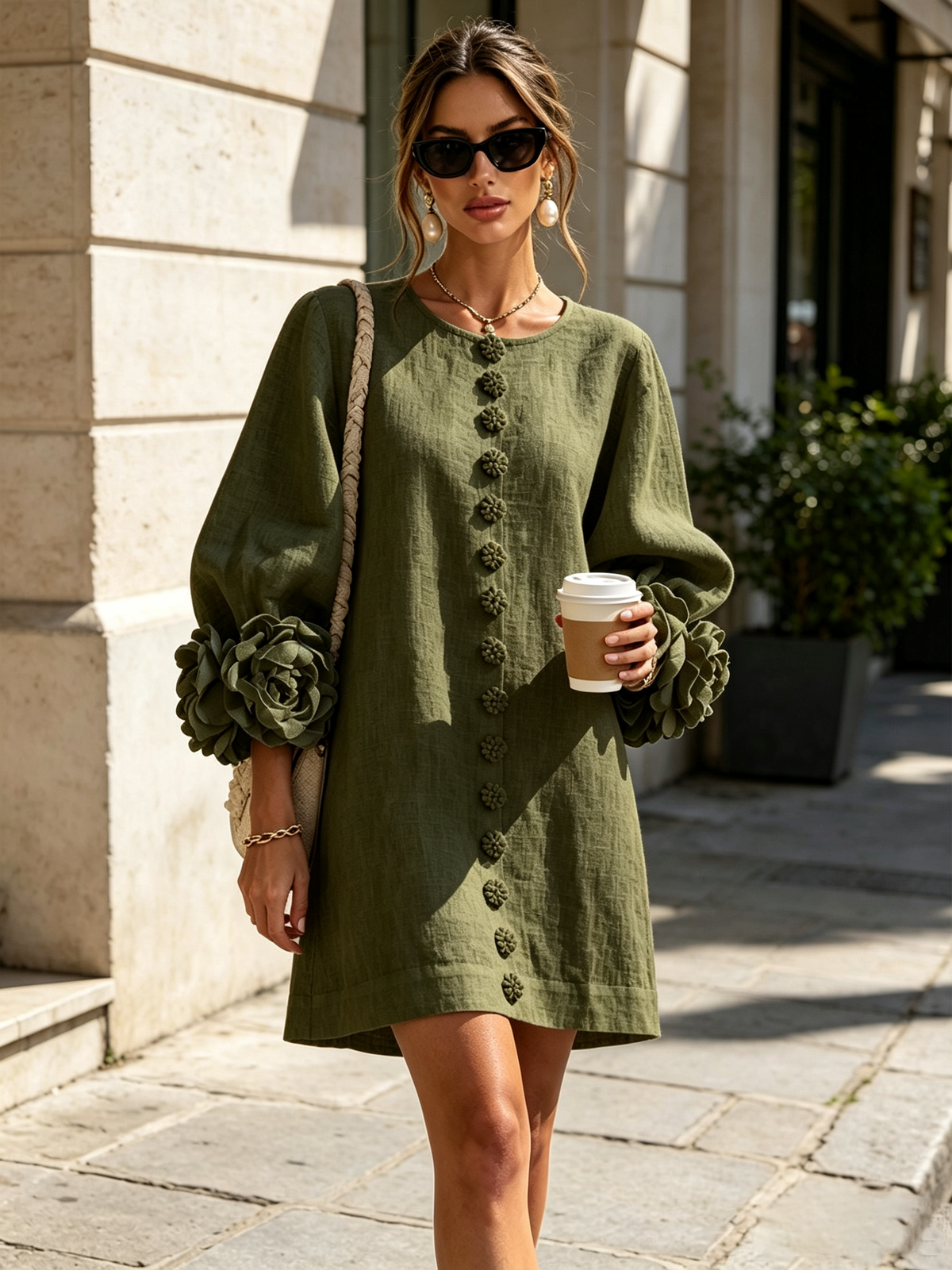 GAIA | Vestido Mini en Mezcla de Lino con Puños Anudados en Rosa, Verde Oliva