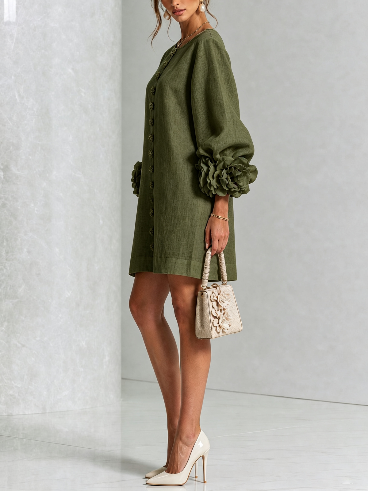 GAIA | Vestido Mini en Mezcla de Lino con Puños Anudados en Rosa, Verde Oliva