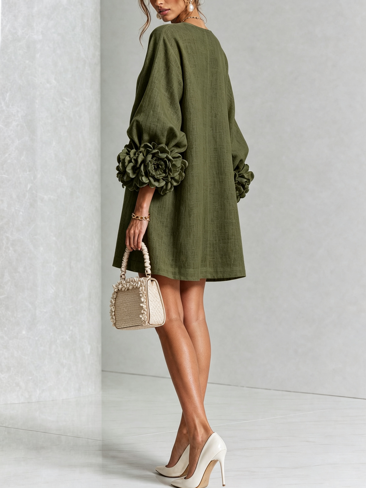 GAIA | Vestido Mini en Mezcla de Lino con Puños Anudados en Rosa, Verde Oliva