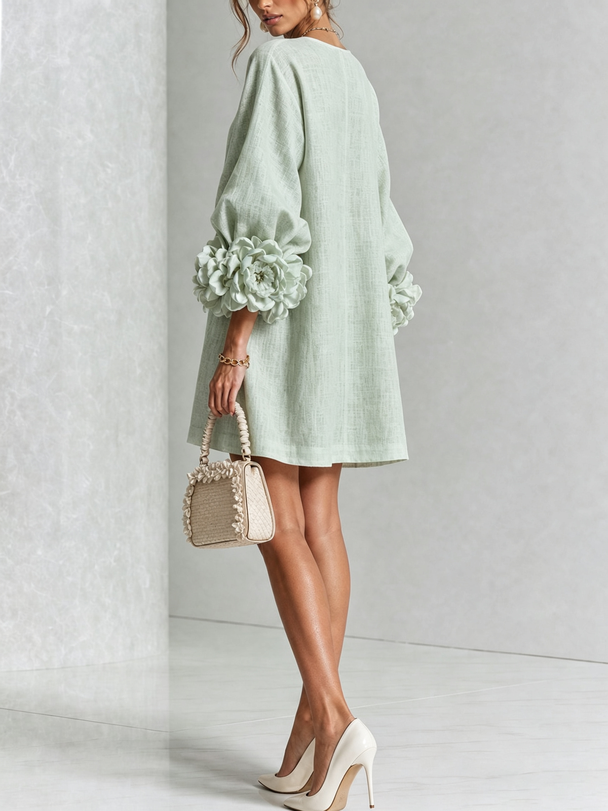 DELIA | Vestido Mini en Mezcla de Lino con Puños Anudados en Rosa, Verde Salvia